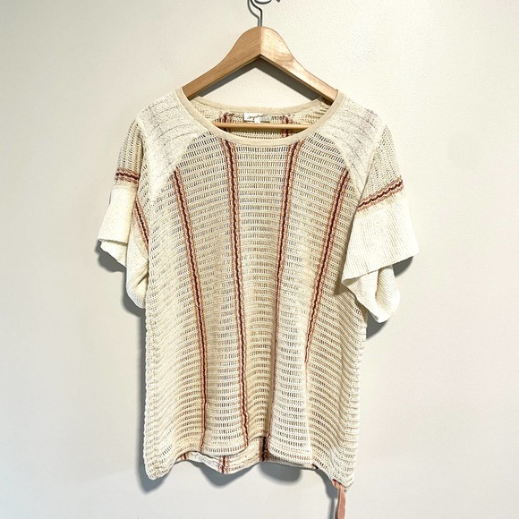 Crochet Striped Linen Open Knit Boho Top Sweater Shirt - Picture 9 of 11